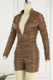 Brown Sexy Solid Fold V Neck Skinny Rompers