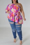 Pink Purple Casual Print Backless Oblique Collar Plus Size Tops