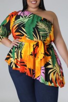 Black Yellow Casual Print Backless Oblique Collar Plus Size Tops