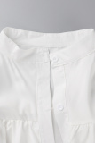 White Plus Size Casual Solid Flounce Mandarin Collar Shirt Dress