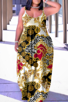 Golden Yellow Sexy Casual Print Backless Spaghetti Strap Long Dress Dresses