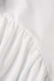 White Plus Size Casual Solid Flounce Mandarin Collar Shirt Dress
