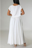 White Casual Solid Patchwork O Neck Short Sleeve Two Pieces
