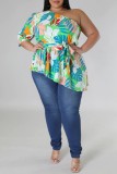 Green Casual Print Backless Oblique Collar Plus Size Tops