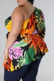 Black Yellow Casual Print Backless Oblique Collar Plus Size Tops