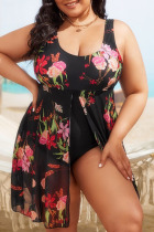 Black Sexy Print Patchwork U Neck Plus Size Swimwear