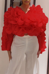 Red Elegant Solid Patchwork Appliques O Neck Tops