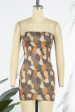Brown Sexy Print Patchwork Strapless Pencil Skirt Dresses