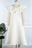 White Elegant Solid Patchwork Flounce O Neck Evening Dress Dresses