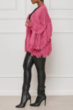Pink Casual Solid Tassel Patchwork Cardigan Collar Outerwear