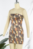 Brown Sexy Print Patchwork Strapless Pencil Skirt Dresses