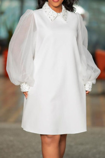 White Casual Elegant Solid Patchwork Beading Turndown Collar Straight Dresses