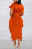 Orange Casual Solid Tassel Patchwork O Neck Short Sleeve Two Pieces