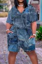 Dark Blue Casual Street Print Patchwork V Neck Straight Rompers