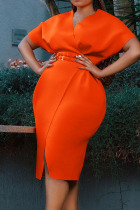 Tangerine Red Elegant Solid Patchwork Slit V Neck One Step Skirt Dresses