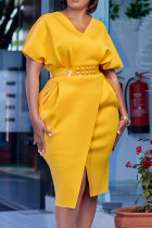 Yellow Elegant Solid Patchwork Slit V Neck One Step Skirt Dresses