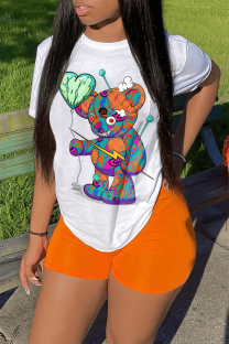White Orange Casual Print Patchwork O Neck Short Sleeve Two Pieces