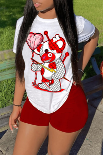 White Red Casual Print Patchwork O Neck Short Sleeve Two Pieces