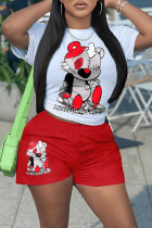 White Red Casual Print Patchwork O Neck Short Sleeve Two Pieces