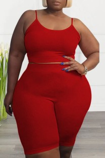 Red Sexy Casual Solid Backless Spaghetti Strap Plus Size Two Pieces