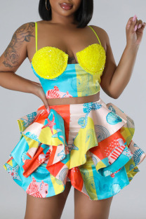 Colour Sexy Print Sequins Patchwork Flounce Spaghetti Strap Sleeveless Two Pieces