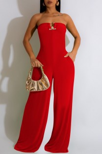 Red Sexy Casual Solid Backless Strapless Regular Jumpsuits