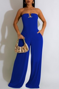 Blue Sexy Casual Solid Backless Strapless Regular Jumpsuits