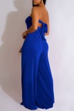 Blue Sexy Casual Solid Backless Strapless Regular Jumpsuits