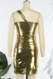 Gold Sexy Solid Hollowed Out Patchwork Oblique Collar Pencil Skirt Dresses