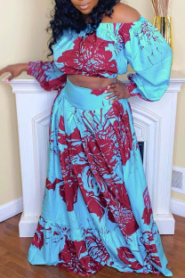 Blue Casual Print Patchwork Off the Shoulder Long Sleeve Two Pieces