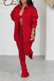 Red Casual Solid Patchwork Turndown Collar Long Sleeve Tree Pieces