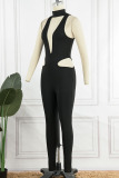 Black Sexy Solid Hollowed Out Patchwork Half A Turtleneck Skinny Jumpsuits