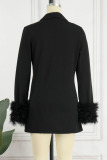 Black Casual Solid Patchwork Buttons Feathers Turn-back Collar Outerwear
