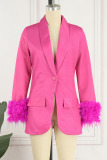 Rose Red Casual Solid Patchwork Buttons Feathers Turn-back Collar Outerwear