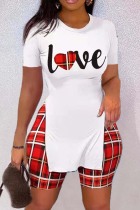 White Red Casual Print Slit O Neck Short Sleeve Two Pieces