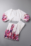 Pink Casual Print Patchwork Fold V Neck Half Sleeve Two Pieces
