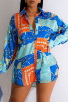 Blue Casual Print Patchwork Shirt Collar Long Sleeve Two Pieces