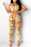 White Sexy Casual Print Bandage Hollowed Out Backless U Neck Sleeveless Two Pieces