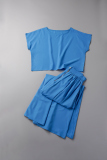 Blue Casual Solid Patchwork O Neck Short Sleeve Two Pieces