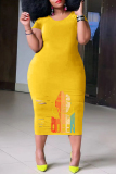 Yellow Casual Print Ripped O Neck Short Sleeve Dress Plus Size Dresses