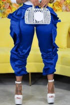 Blue Casual Solid Patchwork Regular High Waist Conventional Patchwork Trousers