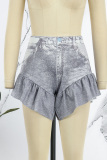 Dark Gray Casual Print Patchwork Flounce Fold High Waist Denim Shorts