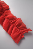 Red Elegant Solid Patchwork Appliques O Neck Tops