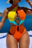 Orange Sexy Patchwork Bandage Patchwork Backless Contrast Swimwears (With Paddings)
