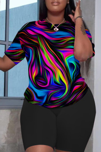 Black Casual Print Basic O Neck Short Sleeve Two Pieces