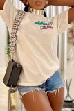 White Casual Print Letter O Neck Plus Size Tops