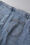 Light Blue Casual Solid Patchwork High Waist Skinny Denim Shorts