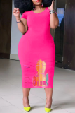 Pink Casual Print Ripped O Neck Short Sleeve Dress Plus Size Dresses