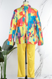 Yellow Casual Print Hollowed Out Patchwork Turn-back Collar Plus Size