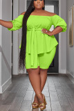 Fluorescent Green Casual Solid Bandage Patchwork With Belt Off the Shoulder Plus Size Two Pieces